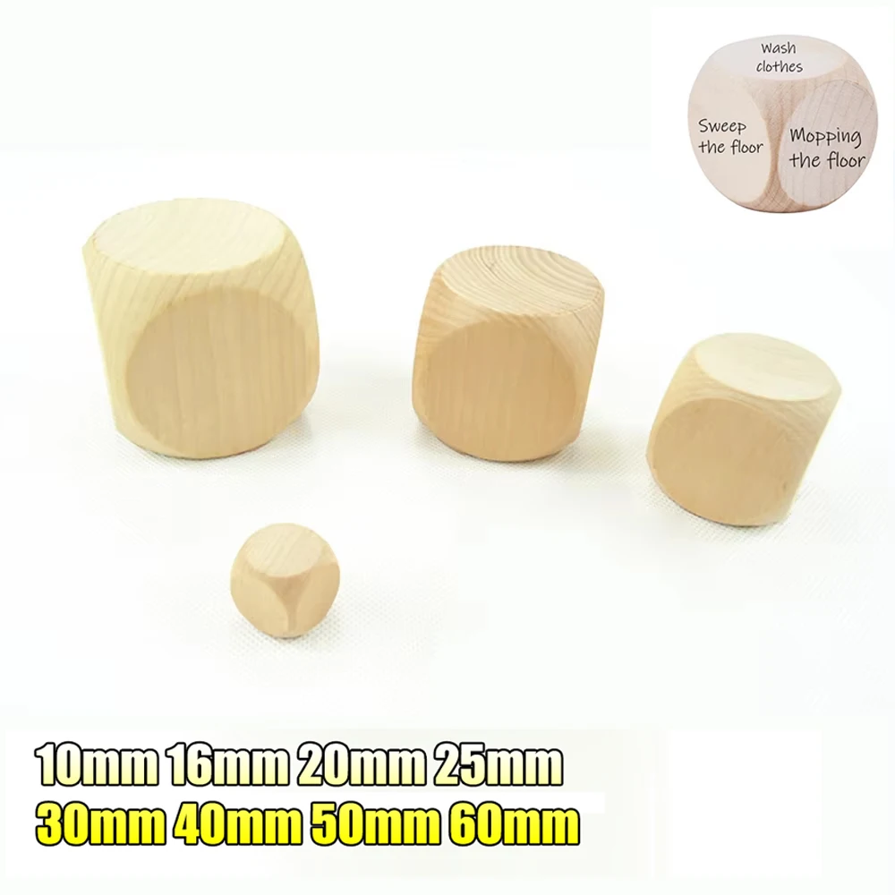 D6 6 Sided Blank Wood Dice10mm 16mm 20mm 25mm 30mm 40mm 50mm 60mm DIY Games Printing Engraving Kid Toys Wood Cube Dices