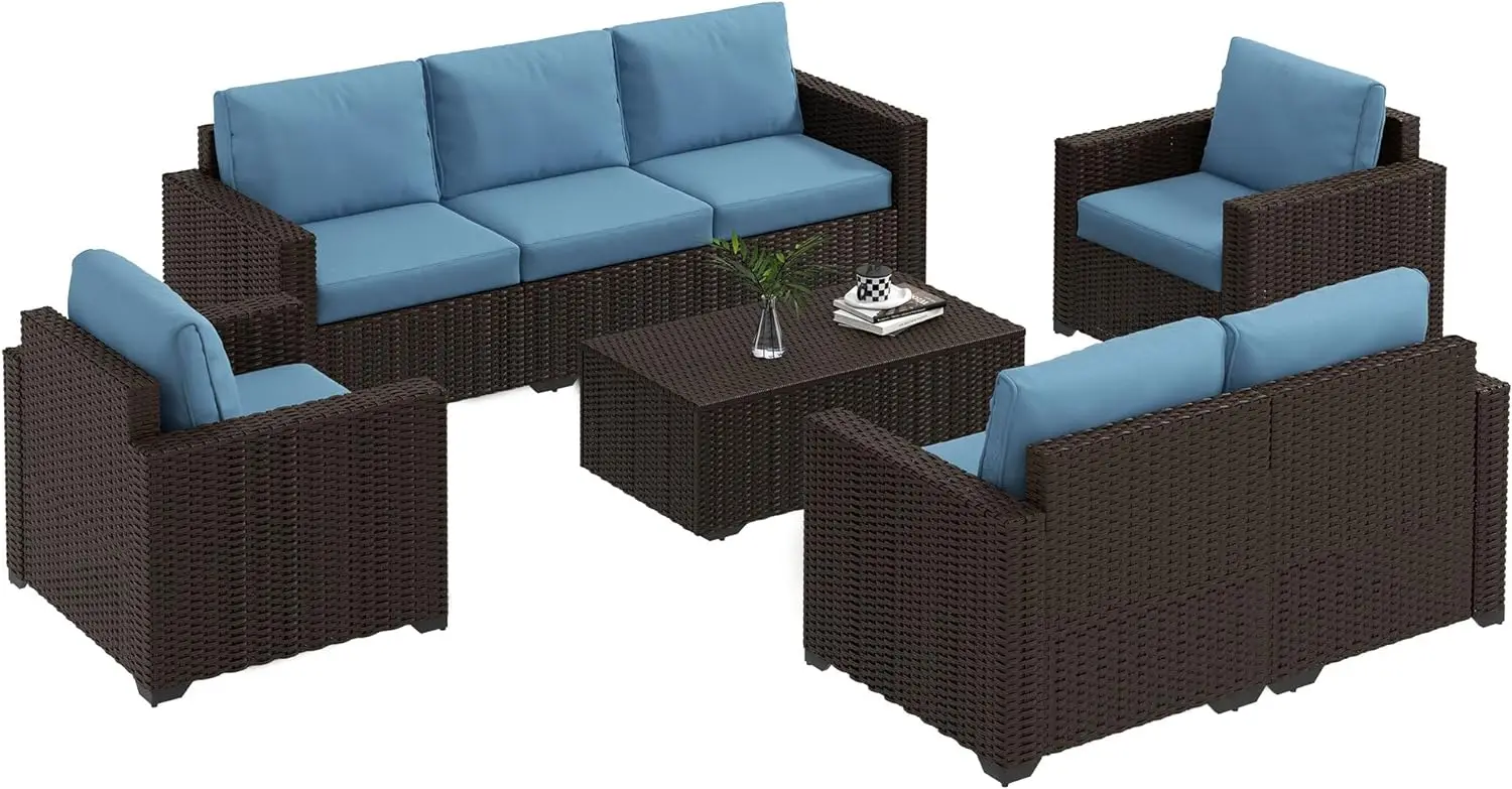 

5 Piece Patio Furniture Set with Cushions, Outdoor PE Rattan Wicker Conversation Sofa Set with Storage Bin Coffee Table