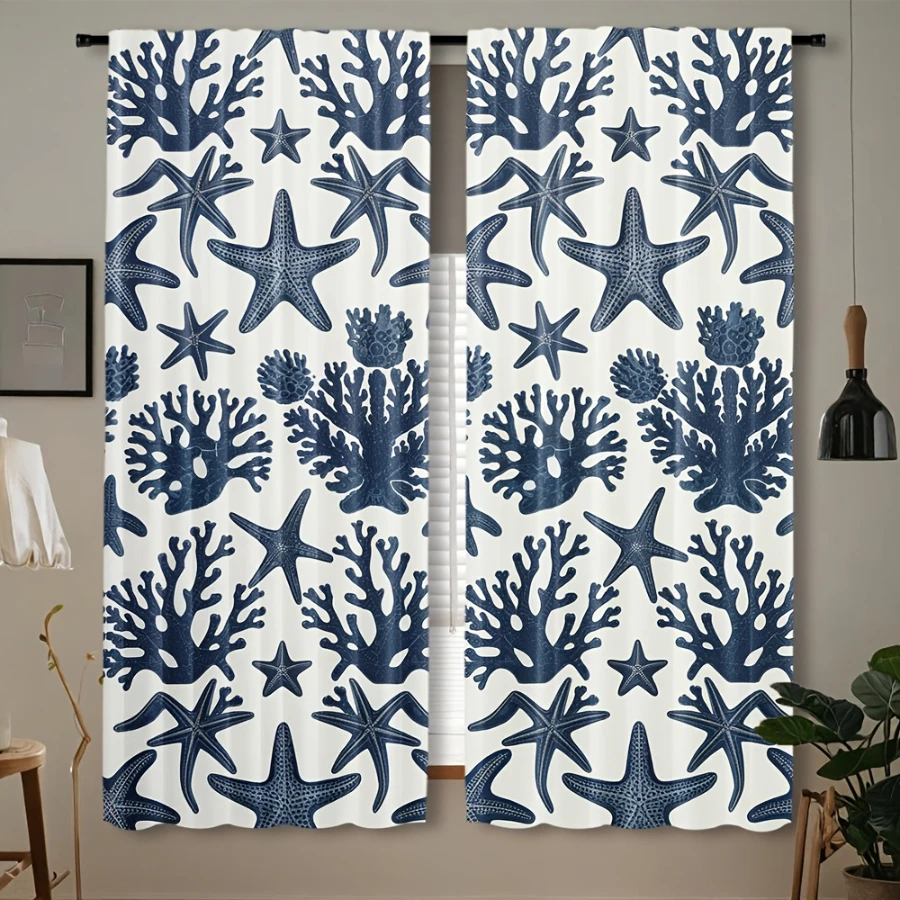 2PCS Digital Printed Curtains, Deep Sea Star Cluster Pattern, Beautiful Window Drapes for Living Room Bedroom Home Decor