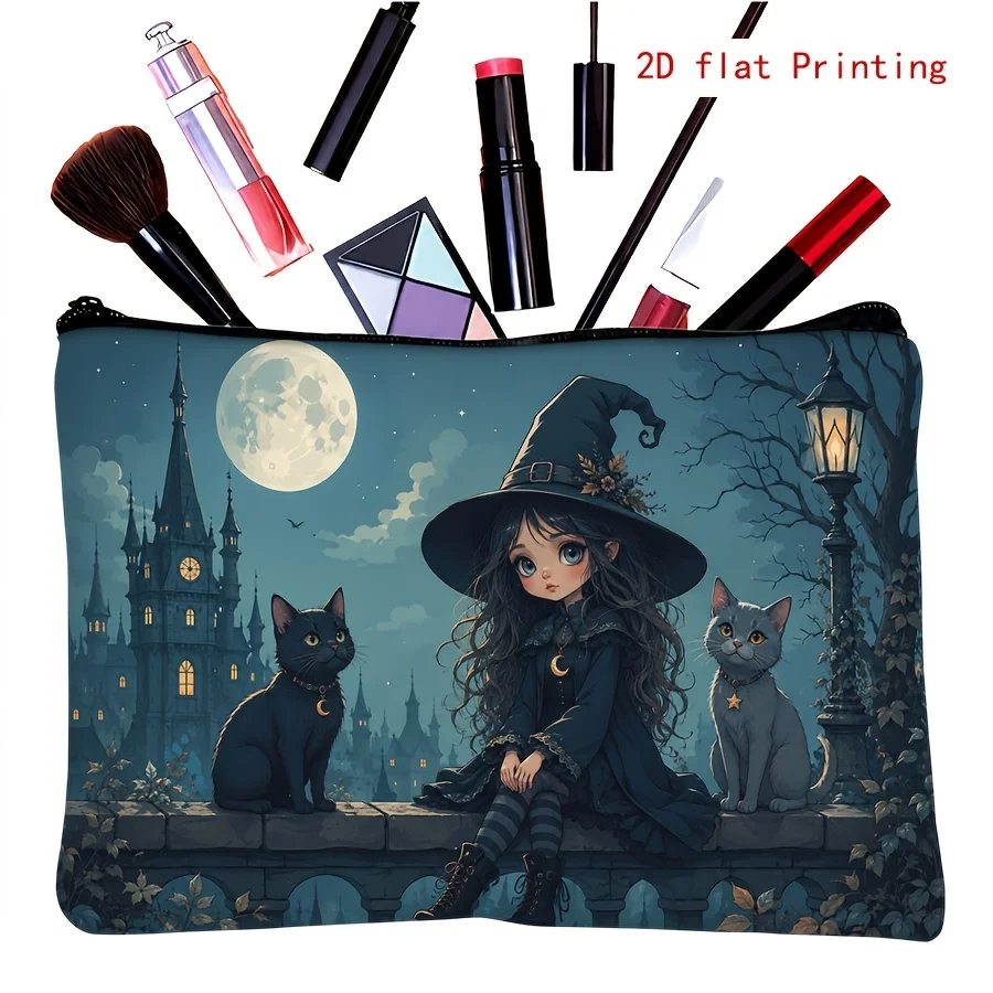 1pc Makeup Bag, Moonlit Magical Cat Cosmetic Bag, Travel Organizer, Vintage Witch Pattern Handbag