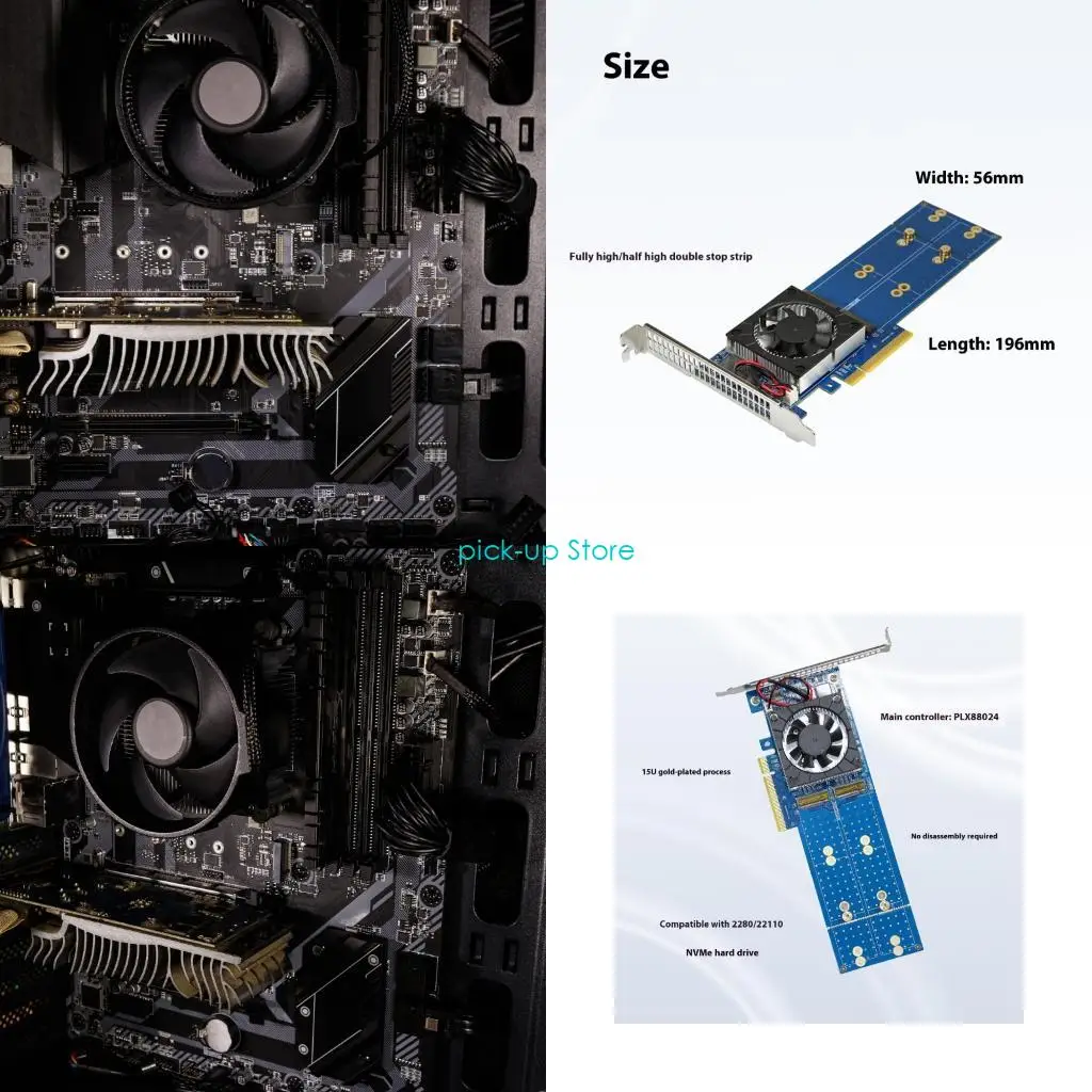 

Q5WA BIOSFree Configuration PLX88024 PCIe Adapter For 4xM.2 Drive Includes Double Height Brackets Active Thermals Management
