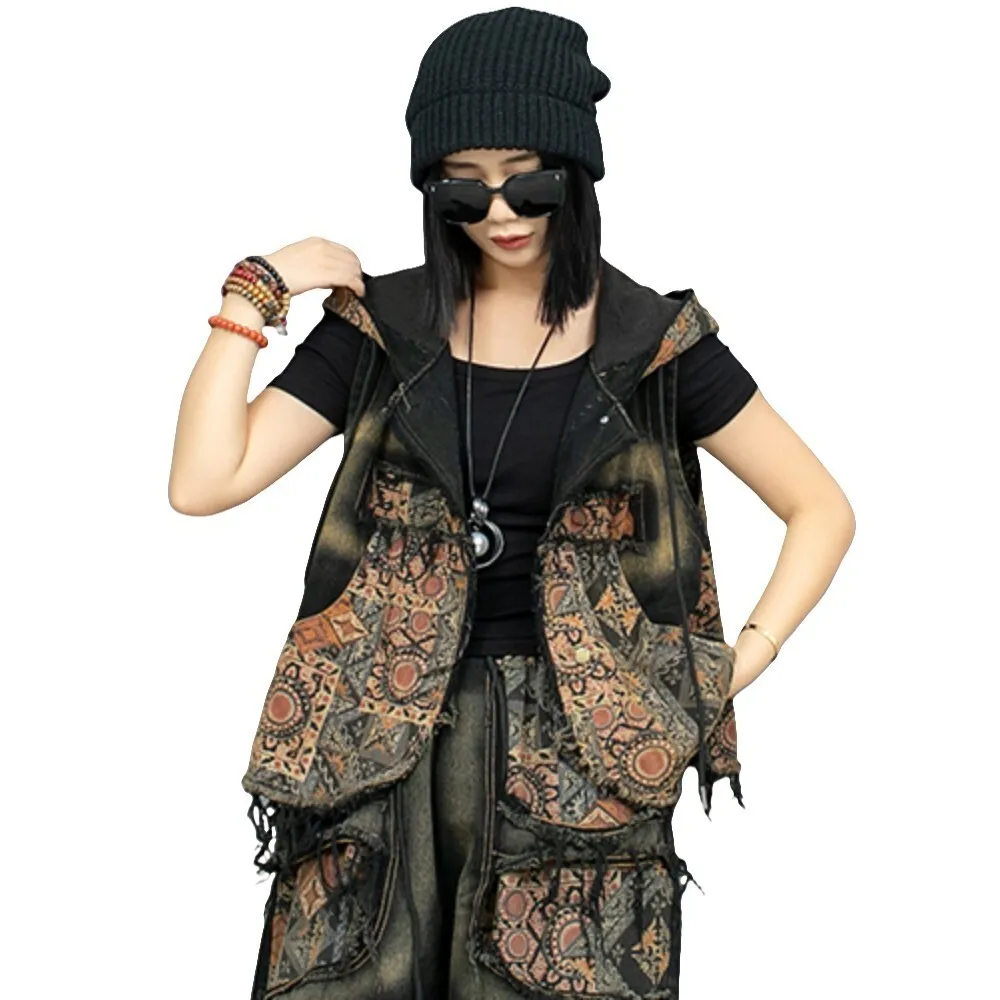 Personalized Vintage Printed Denim Hooded Irregular Vest Women 2024 Autumn LX2347