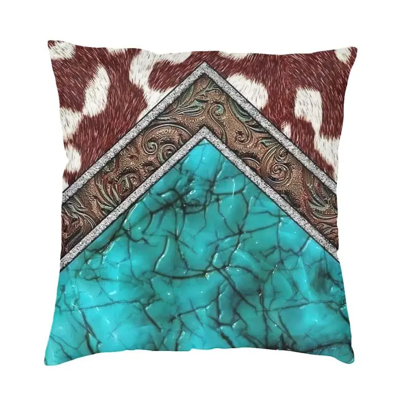 Tooled Leather And Cowhide Purple Turquoise Cushion Covers Sofa Home Decor Vintage Textures Pattern Throw Pillow Case 45x45cm