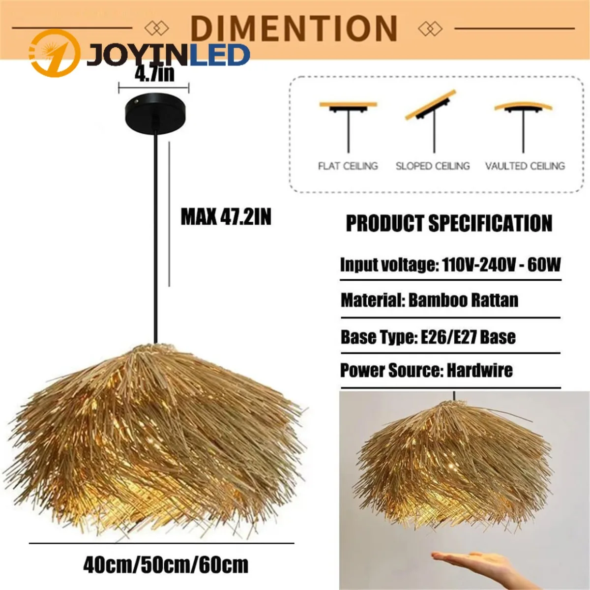 

JOYINLED 19.7inch Rattan Pendant Light, Hand-Woven Chandelier E27 Rustic Ceiling Lamp for Dining Living Room Lighting Fixture