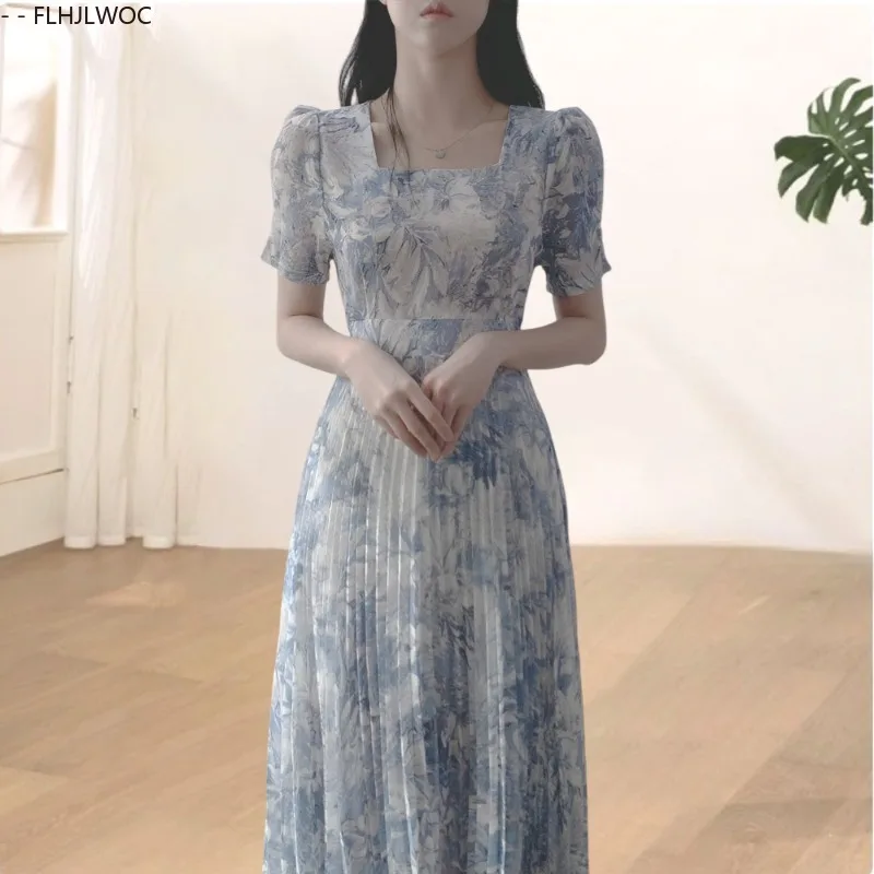 ชุดเดรสเก๋ๆเสื้อผ้าเกาหลีฤดูร้อนสตรีแขนสั้นคอสี่เหลี่ยมสาวญี่ปุ่นน่ารักลายดอกไม้พิมพ์ Retro Vintage วันที่ชุดยาว