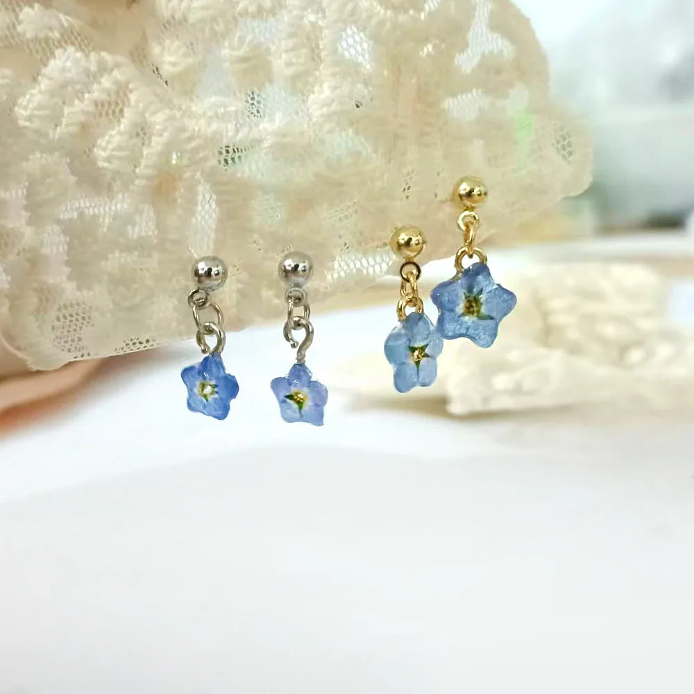 Tiny Blue Forget Me Not Flower Earrings Simple Dried Floral Earring Jewelry Gifts for Mom, Friends