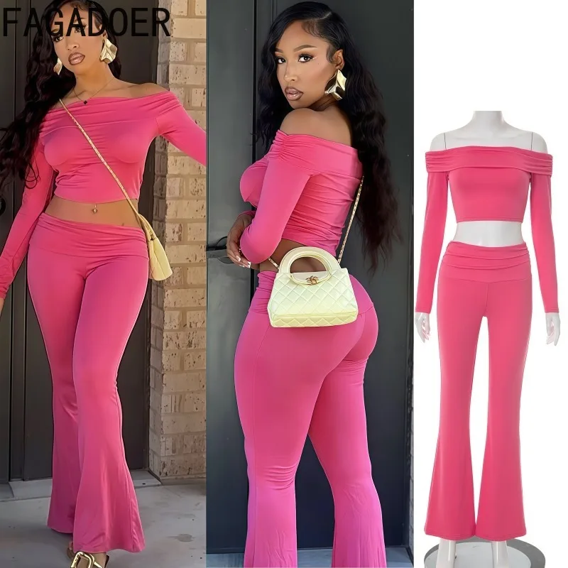 

FAGADOER Summer New Sexy 2 Piece Sets Woman Outfit Off Showlder Long Sleeved Crop Tops + Flare Pants Matching Female Streetwear
