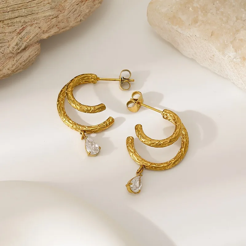 Gold Texture-Effect Double Circle Earrings Teardrop Cz Dangle For Women Stainless Steel Waterproof Textured Drop Jewelry Gift