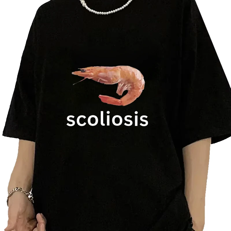 Summer Casual Short Sleeve Crewneck Streetwear Women Pattern Print Tee Scoliosis Fun Shrimp Meme Women Fashion Aesthetic Clothes