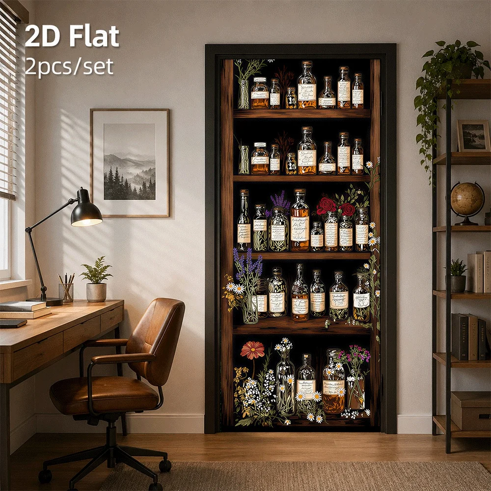 1 magic herb bottle door sticker with antique wooden medicine rack design, containing multiple herb bottles in 2D flat design