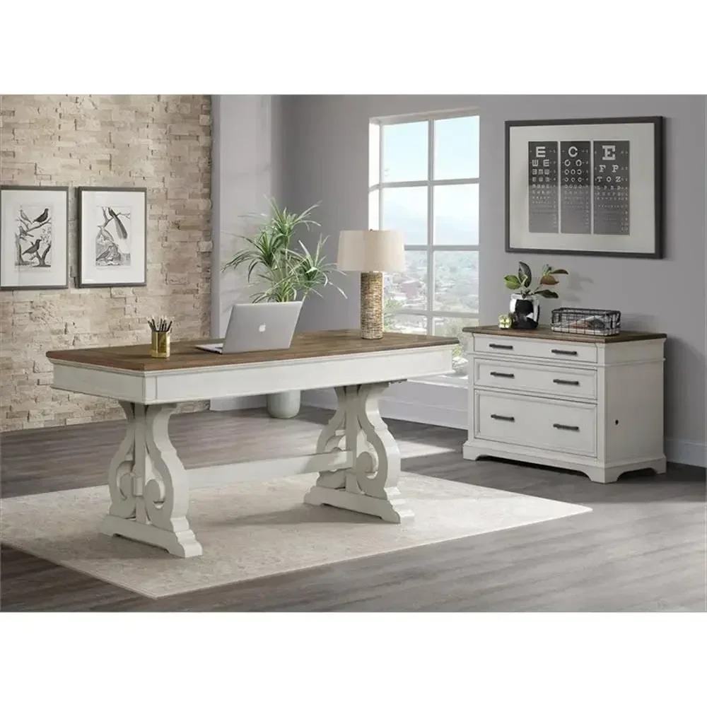 60 Wide Writing Desk in Rustic White and French Oak Finish