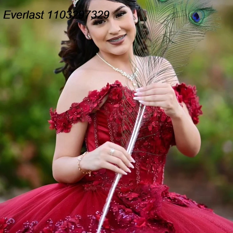 EVLAST-Vestido De quinceañera rojo personalizado, Vestido De baile con apliques De encaje brillante, corsé con purpurina y cuentas, Vestido De 15 anos TQD899