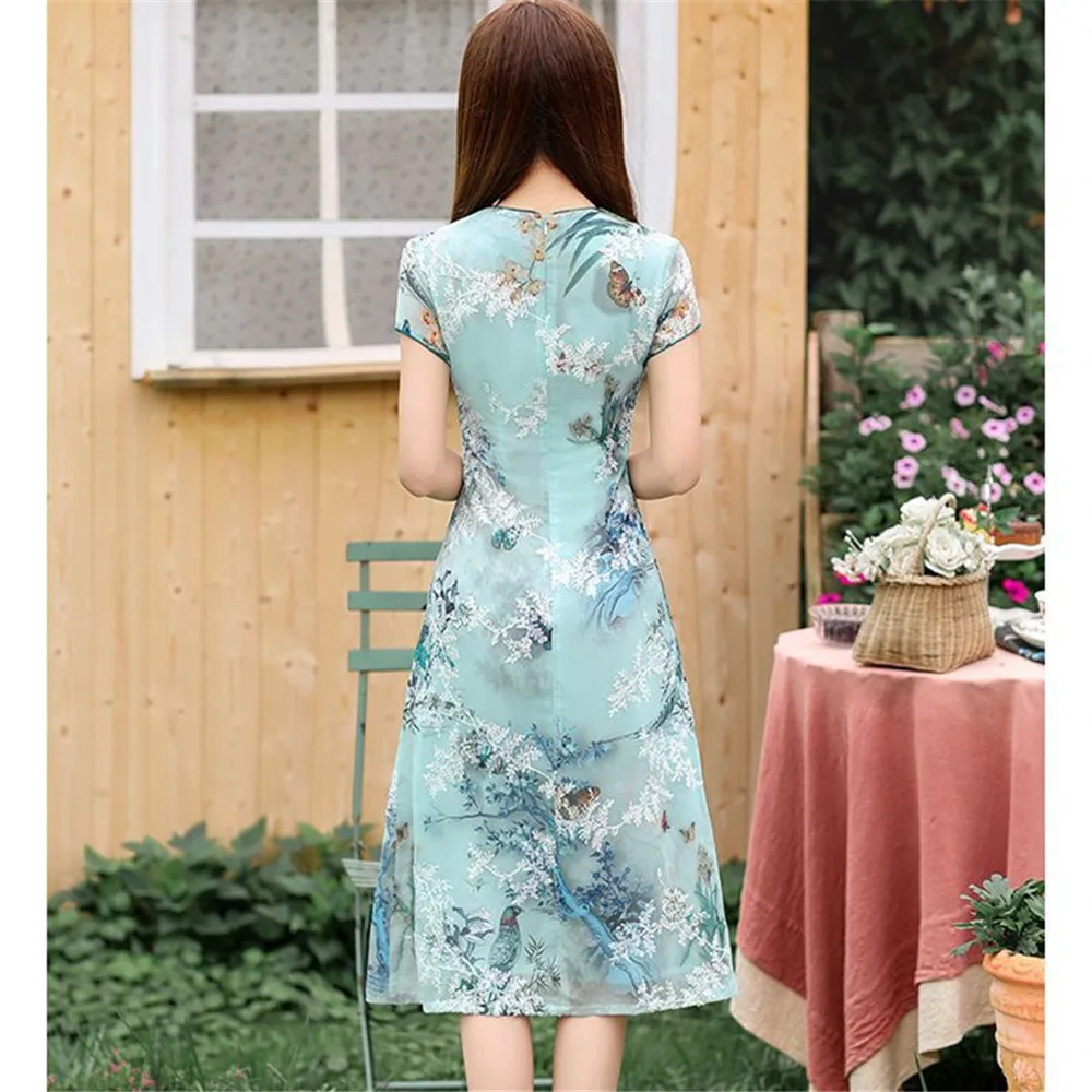 Summer Print Chiffon Daily AoDai Cheongsam Traditional Dress Slim Elegant V-Neck A-Line Qipao for Women