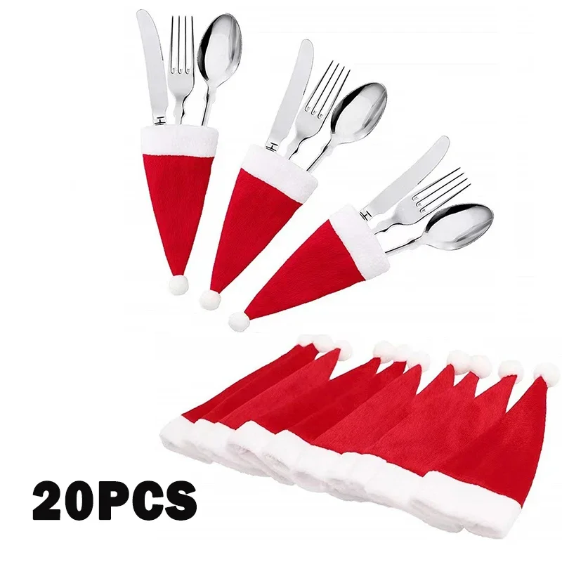 Merry Christmas 2023 Christmas Tableware Bag Holder Christmas Hat Fork Knife Cutlery Bag Decorations for Home