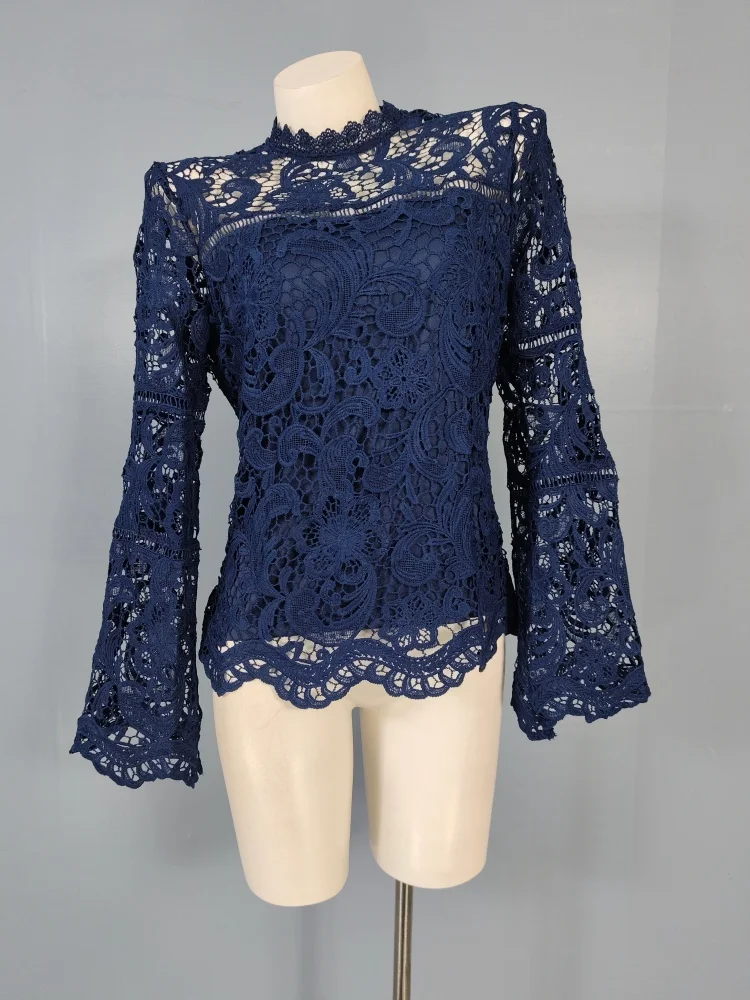 

Сексуальная женская блузка с вышивкой и вырезами, приталенная, с длинным рукавом, весенняя новинка, прозрачная, с завышенной талией, универсальная повседневная рубашка