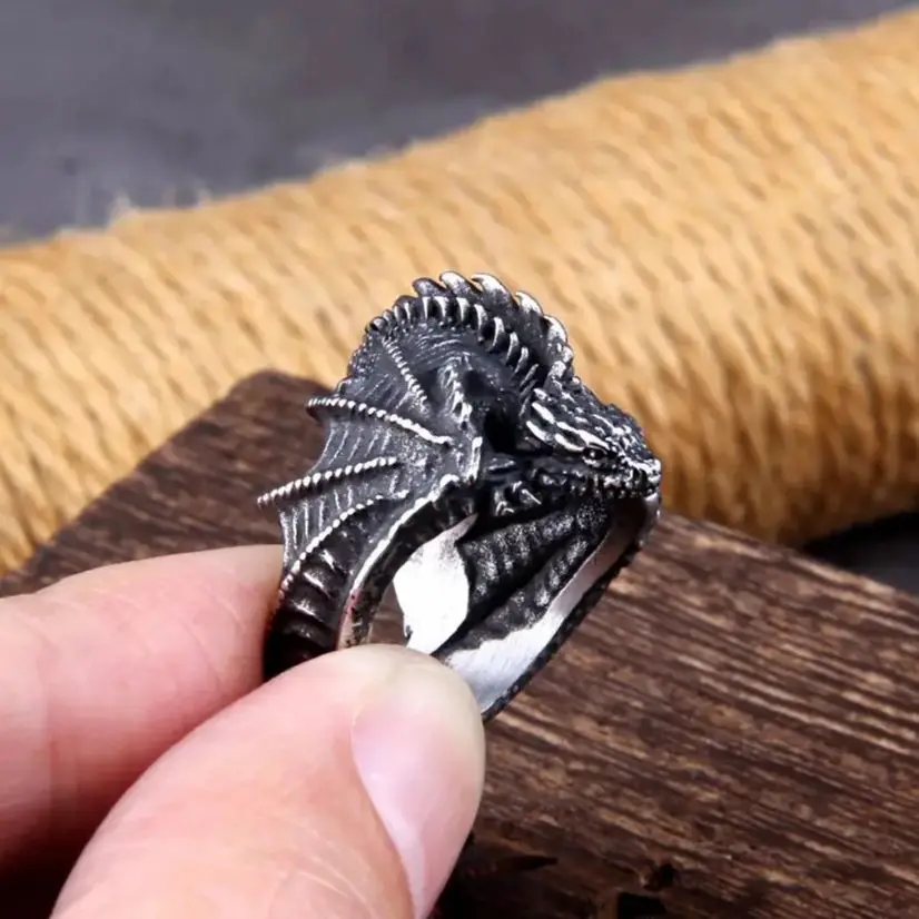 Viking Style Stainless Steel Huge Dragon Ring for Men Male Fashion Jewelry as gift with wooden box view 5