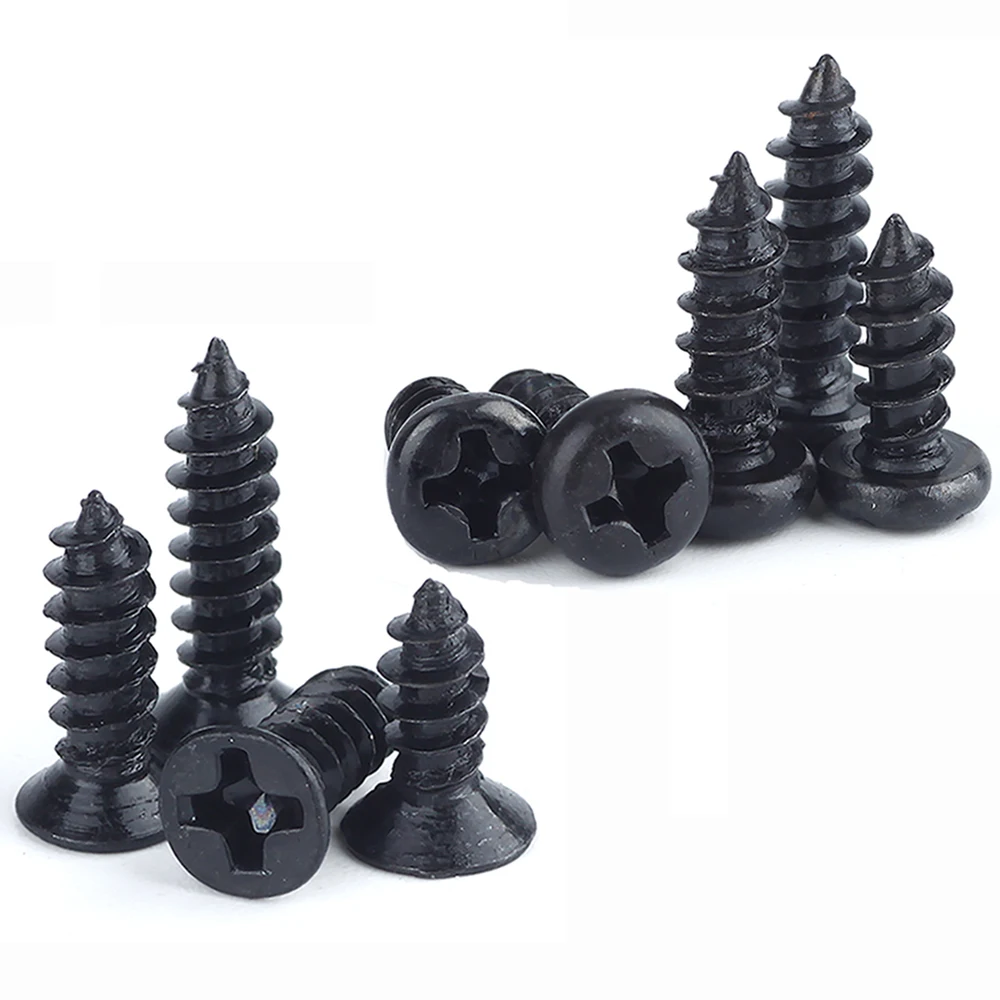 50-200pcs M1 M1.2 M1.4 M1.7 M2 M2.6 M3 M3.5 Black Steel Phillips Flat Countersunk Cross Round Pan Head Self-tapping Wood Screw