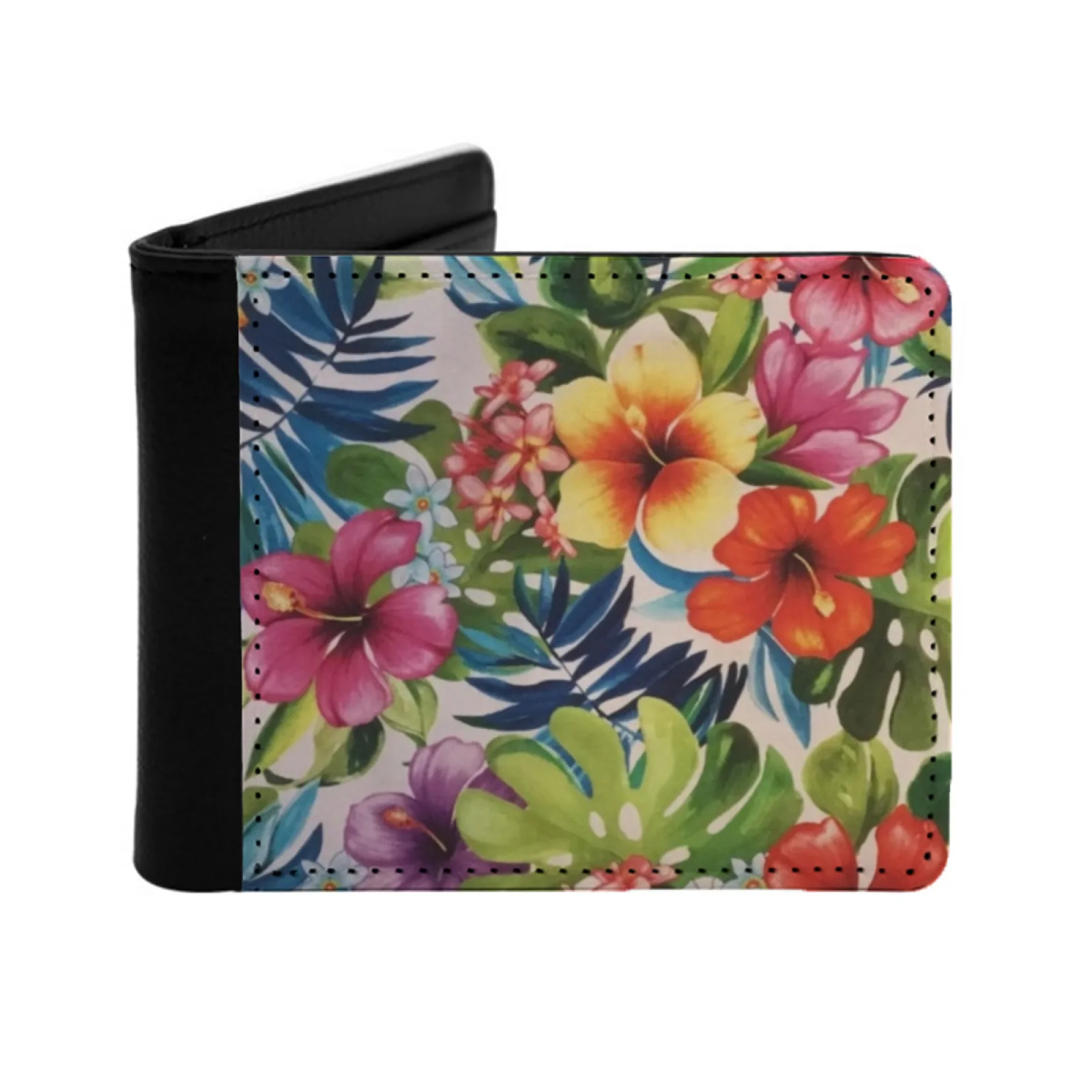 Hawaiian Personalized Men's Leather Wallet Credit Card Pouch Purse Hawaiian Hawaii Beach Tropical Ocean Cute Flowers Summer