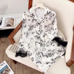 2024 Spring/summer Simulated Silk Women Pajamas Classic Elegant Flowers Print Housewear Long Sleeve Pant Two Piece Set Sleepwear