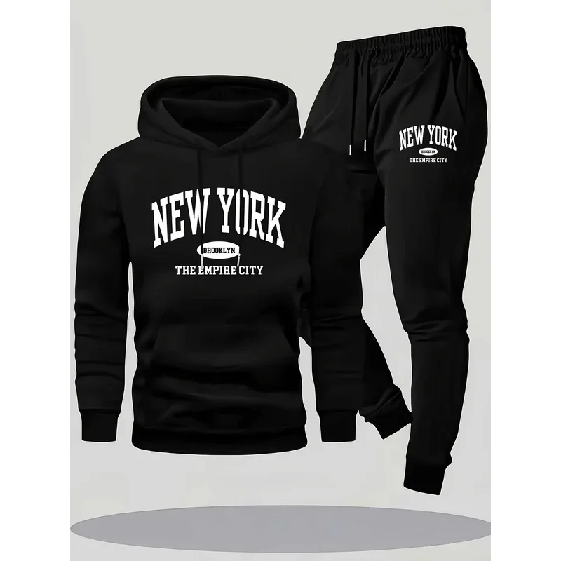 

Men'S New York City Graphic Hoodie & Sweatpants Set - Cozy Fleece-Lined Casual Outfit with "NEW YORK" Print,