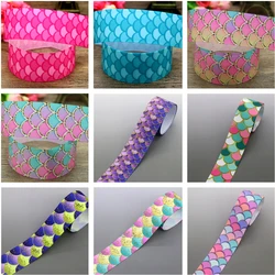 DHK 1.5'' 5yards Mermaid Fish Scale Printed Grosgrain Ribbon Accessory Hairbow Headwear Decoration DIY Wholesale 38mm C1581