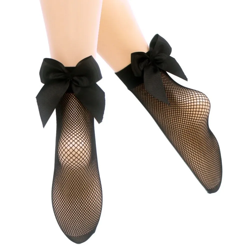 

Fashion Micro/Mid/Large Mesh with Bow Fishnet Socks Breathable Non-Slip Ankle Socks Vintage Short Length Bow Socks Girls Wear