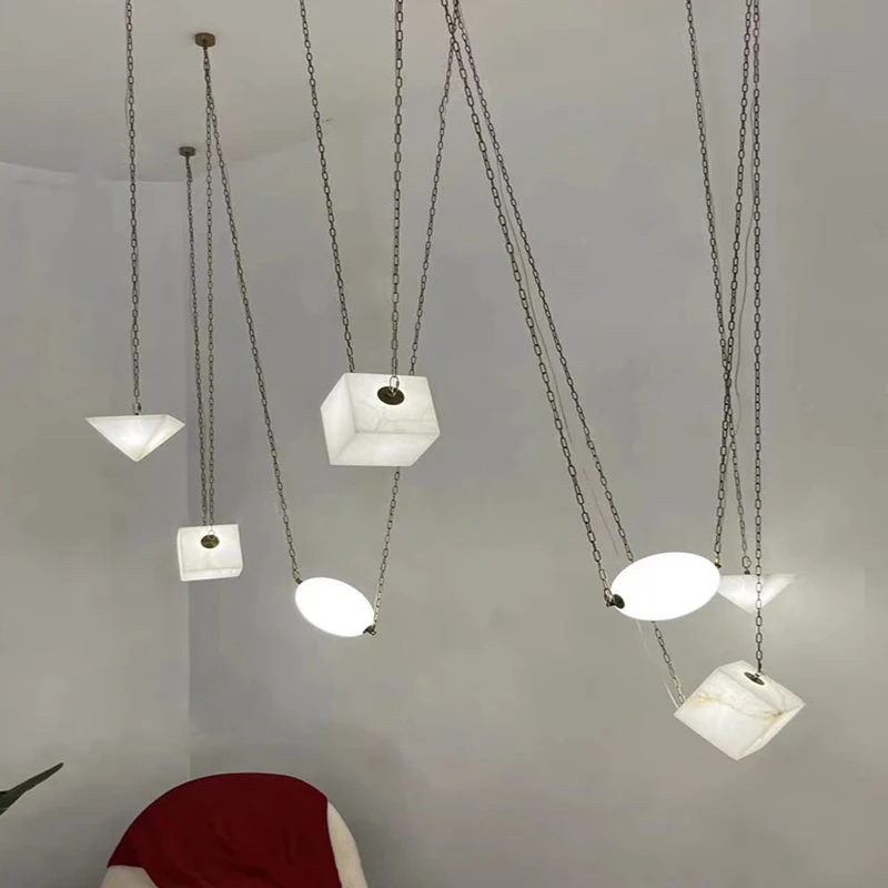 

2025 New Trend Geometric Marble Iron Chain Led Ceiling Hanging Lamps Chandelier Lumunaire Indoor Lighting For Dinning Room