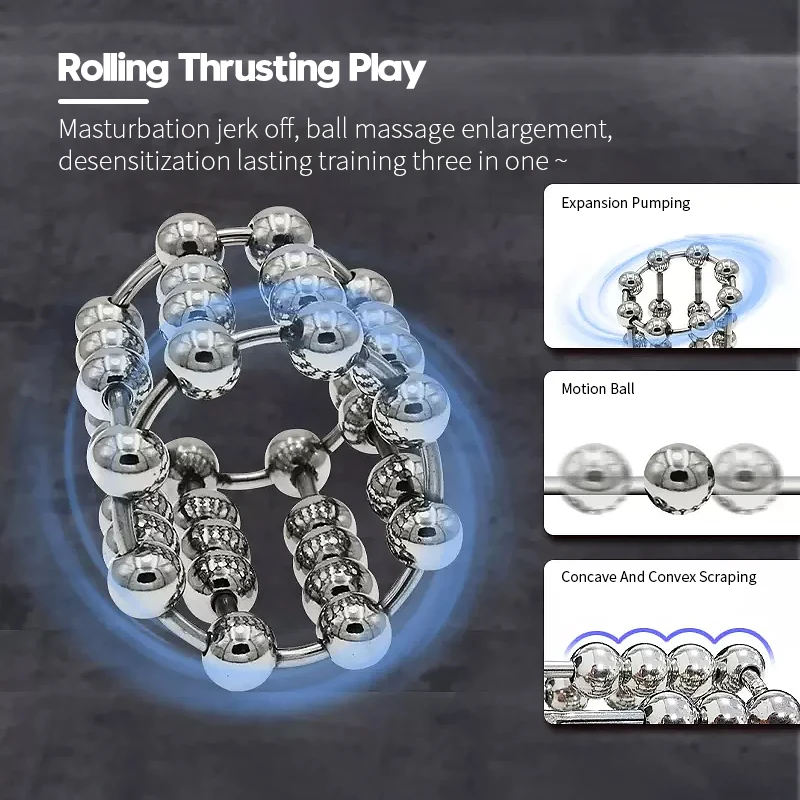 Runyu Sextoys Men Adult Binding Penis Delay Device Metal Cock Ring Stainless Steel Sliding Ball Locking Ring Ejaculation Delay S