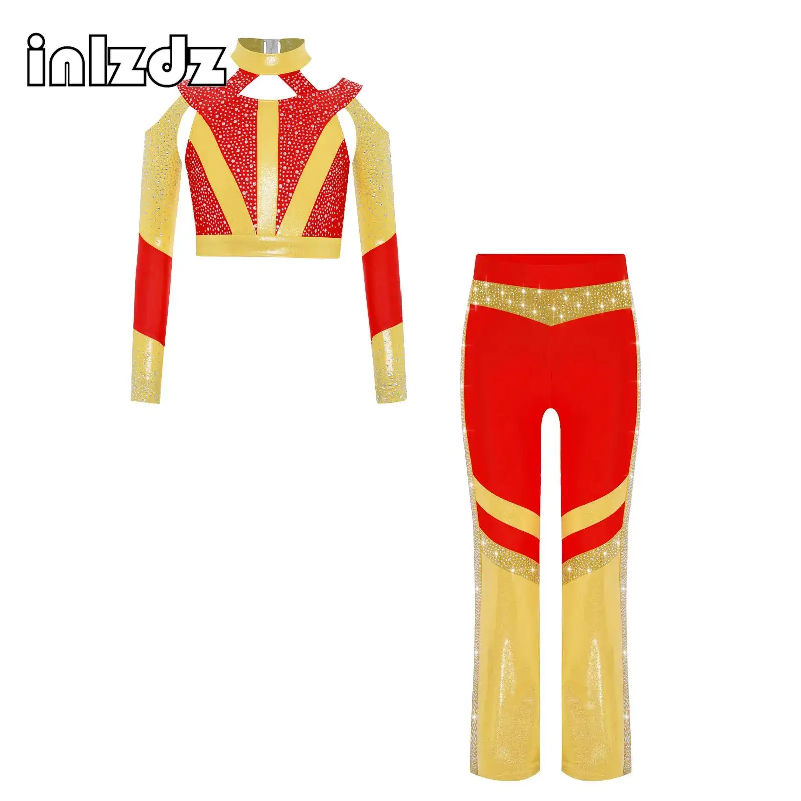 

Kids Girls Gymnastics Acrobatics Dance Costume Set Shiny Rhinestone Color Block Cross Back Cutout Crop Top with Flared Pants