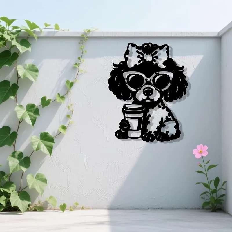 CIFbuy Metal Wall Art Poodle Coffee Cup Iron Craft Decorative Sign for Kitchen Garden Patio Outdoor Home Wall Hanging Decoration
