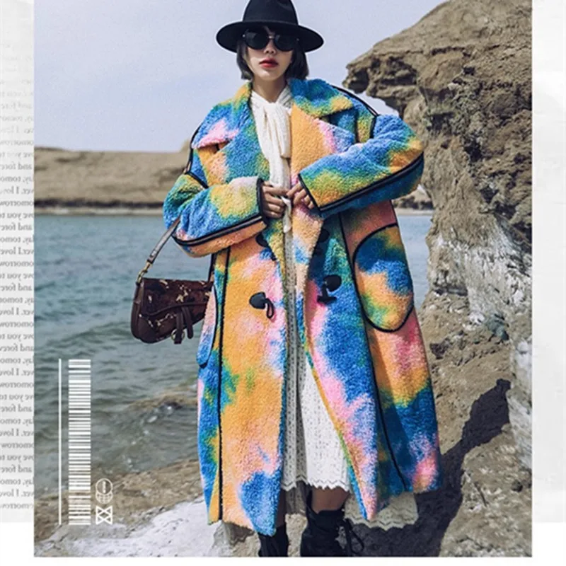 

TIYIHAILEY зимняя женская верхняя одежда, свободные пальто, длинная куртка из искусственного флиса ягненка, теплый плащ, толстый отложной воротник, красочный