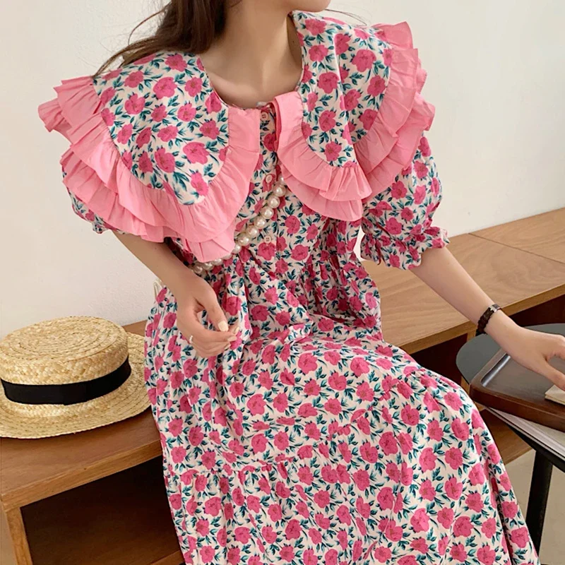 Summer Sweet Double Wooden Ear Women Dress Doll Collar Full Flower Print Vestidos 2024 Koresn Chic Loose Puff Sleeve Dresses