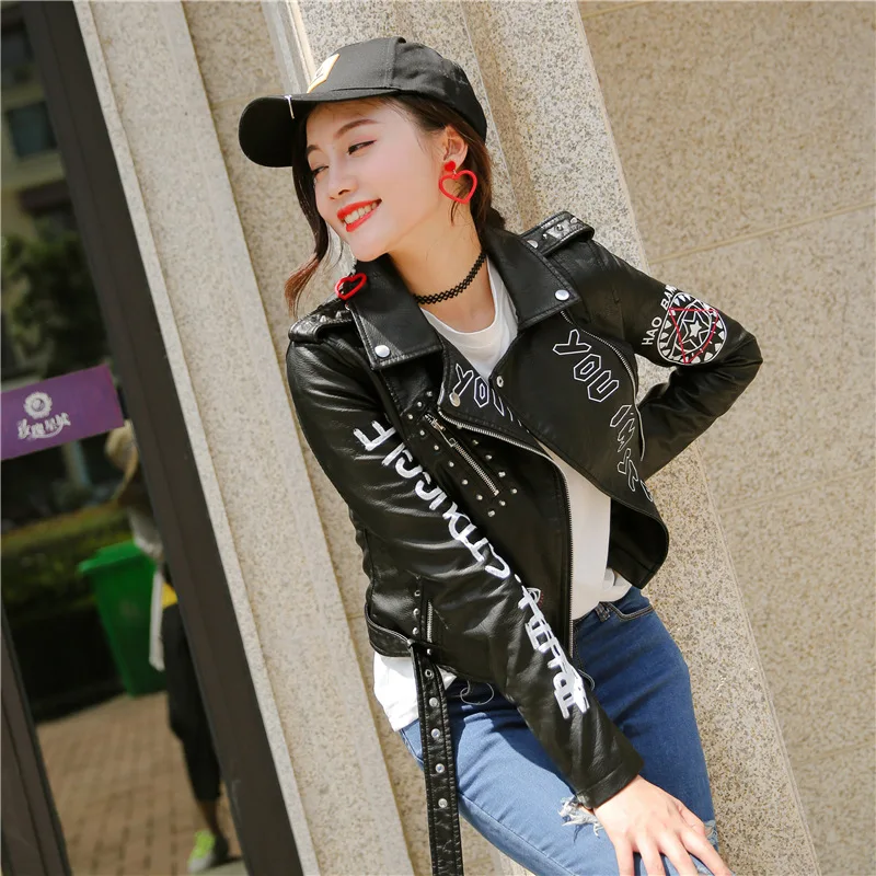 Word Print Fashion Women Smooth Motorcycle Faux Leather Jackets Ladies Long Sleeve Autumn Winter Biker Streetwear Black Coat