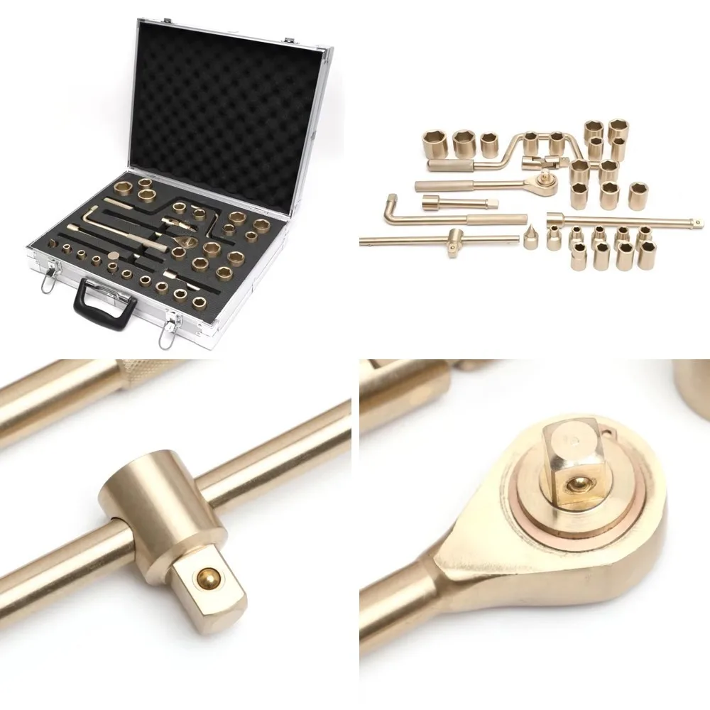 32Pcs Anti-Static Explosion Proof Socket Wrench Set, Non-Sparking Aluminum Bronze Hand Tools, Shockproof Fireproof