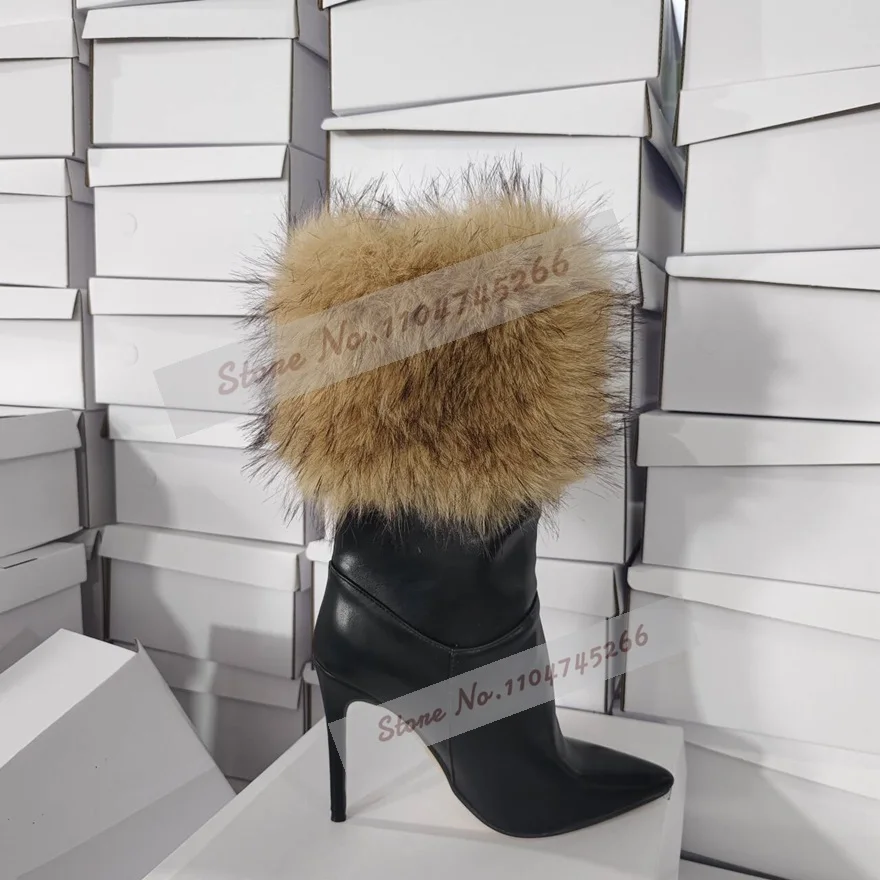 Mulheres pele macia botas de salto alto tornozelo preto fosco couro retalhos botas de pelúcia elelgant outono inverno sapatos de vestido peludo