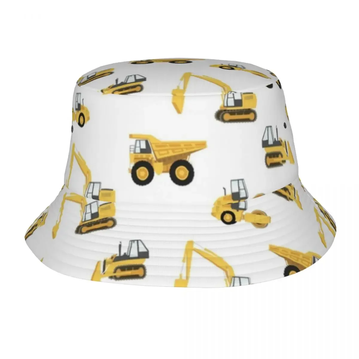 Men Women Construction Trucks Bucket Hat White Pattern Portable Fisherman Hats Classic Vacation Caps Hip Hop Pattern Sun Hat