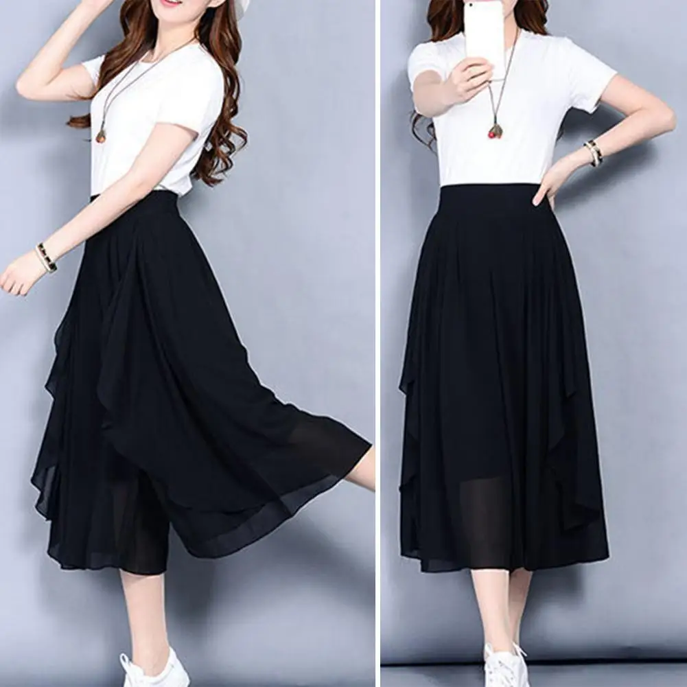 

Women Skirt Pants Elastic High Waist Slit Wide Leg Pants Solid Color Loose Fit Thin Gauze Trousers Streetwear