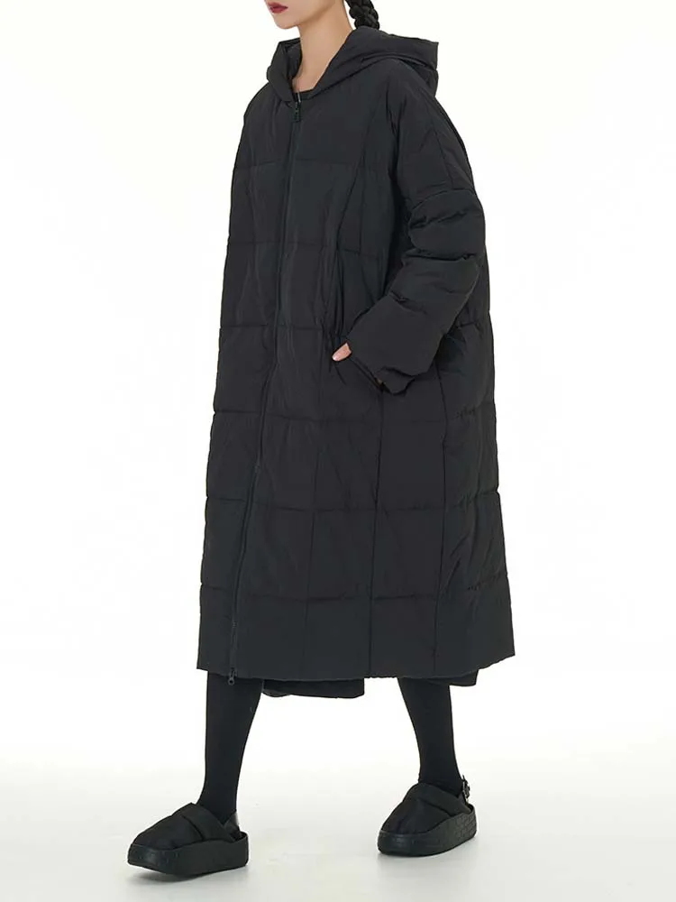 Streetwear Women's Long down jacket oversize  Winter Solid color Hooded zip puffer coat Female fashion parkas INKEO DJ037