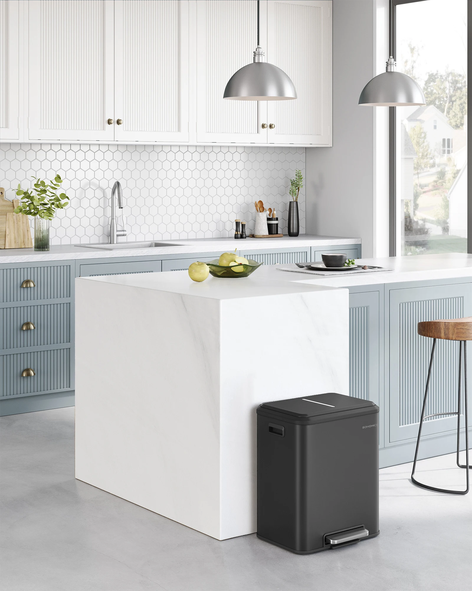 SONGMICS Mülleimer Küche, Mülltrennsystem 2 x 15 L, 2 Fächer für Recycling und Restmüll, Stahl, Softclose-Deckel