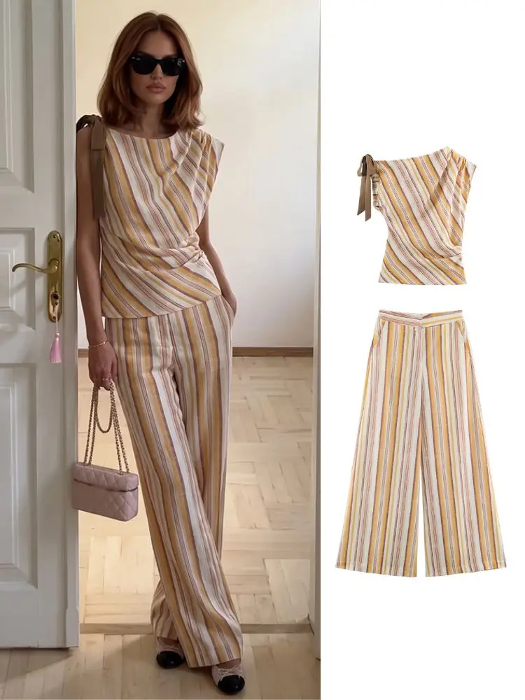 HH French Retro Striped Suit With One Shoulder Strap Bow Twist Top High Waist Wide Leg Pants Beach Vacation Casual Daily Wear