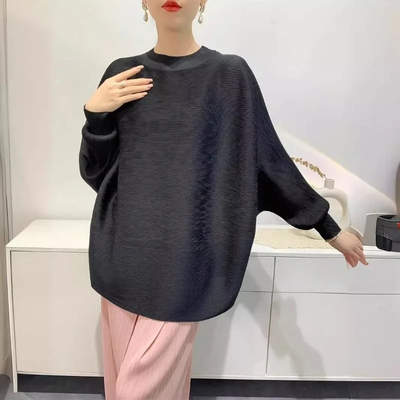 Autumn New Top Women's Bat Sleeves Loose Plus Size T-shirt Toothpick Pleated Solid Color Pullover Coat Women Clothing