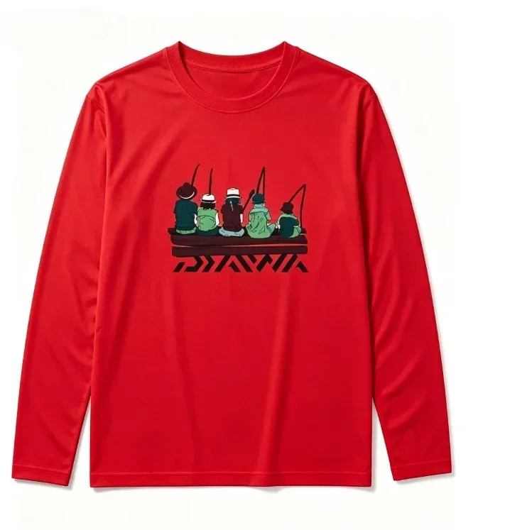 Outdoor Men Long Sleeve Fishing T‑Shirt Cartoon Dock Fishermen Print UPF50+ UV‑Proof Quick Dry Breathable Angling Sport Top