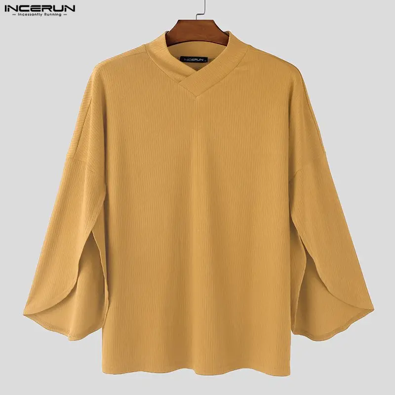 

INCERUN Men T Shirt Solid Turtleneck 3/4 Sleeve Fashion Male Tee Tops Knitted Korean Style Streetwear 2026 Casual Men Clothing