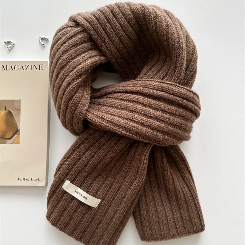 100% Wool Scarf for Women Men Thick Solid Color Knitted Neck Warmer Soft Warm All Match Winter Couple Scarf with Cloth Label