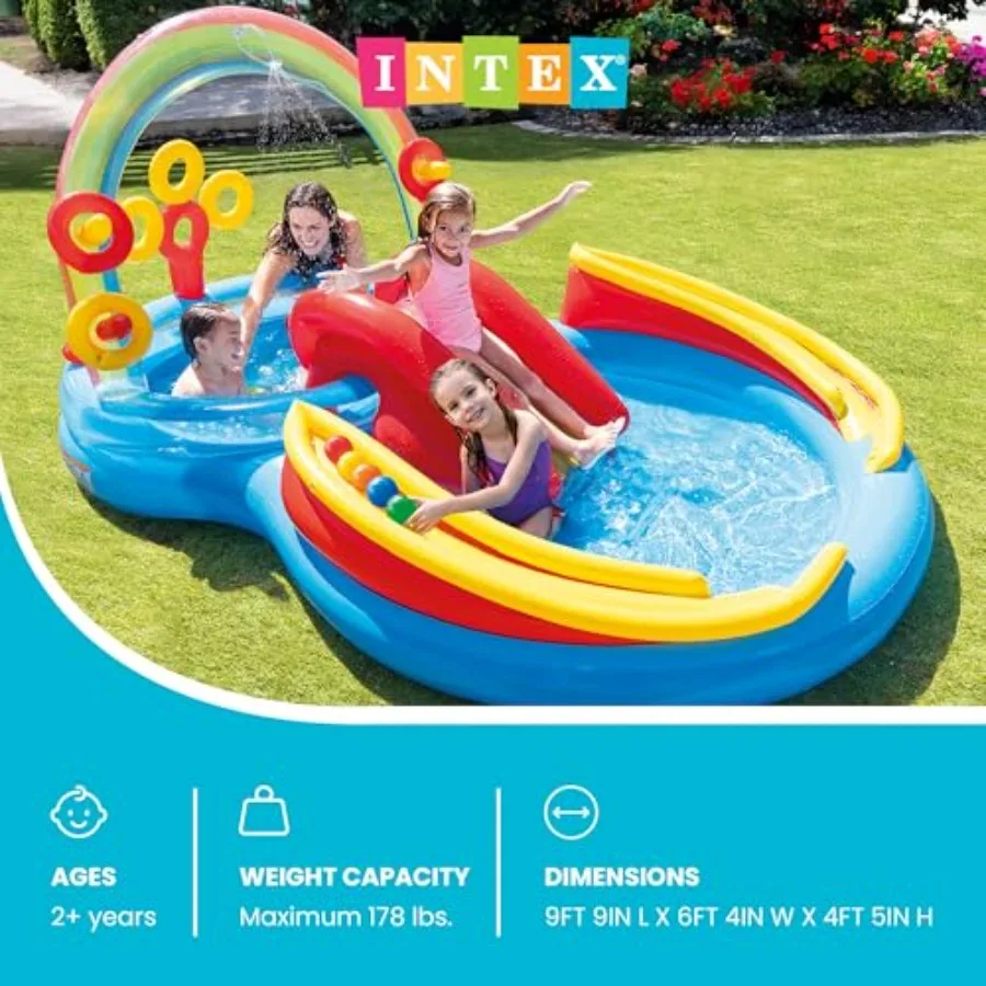 ' inflatable pool with water slide and ring toss for ages 2+, multicolor rainbow design, PVC material, 9.75 ft x 6.3 ft x 53 in
