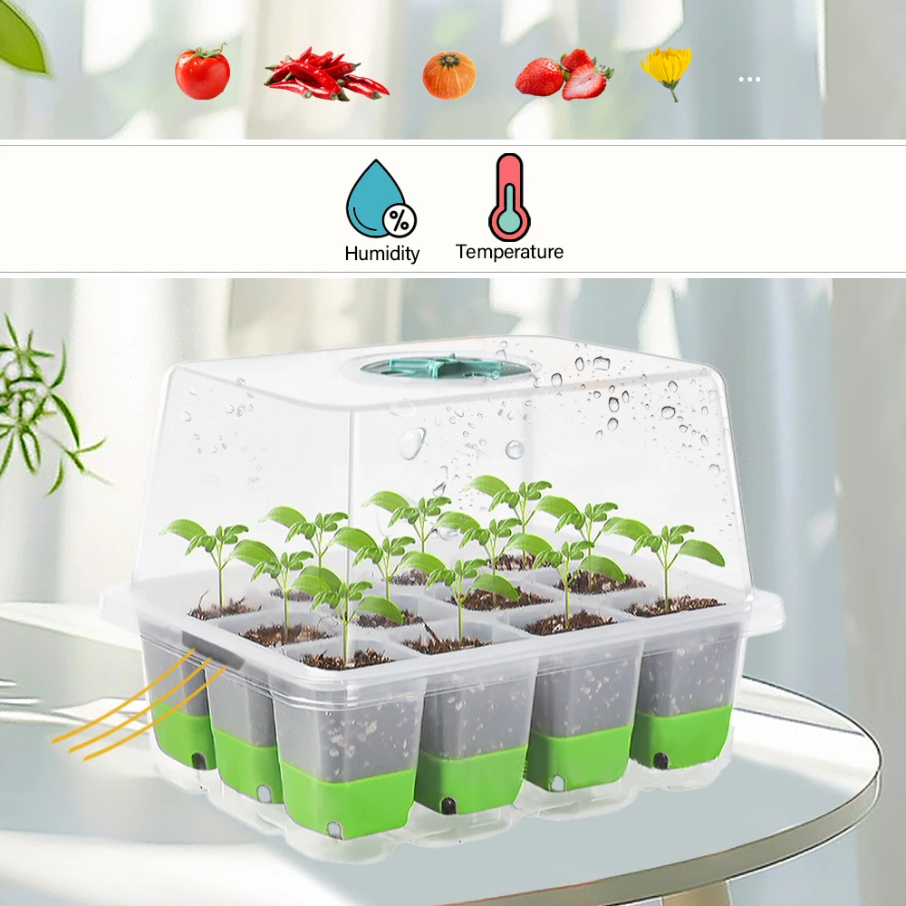 Seedling Starter Tray 12 Cells Kit w/ Adjustable Humidity Vents Germination Growth Box Plants Cloning Garden Greenhouse Planting