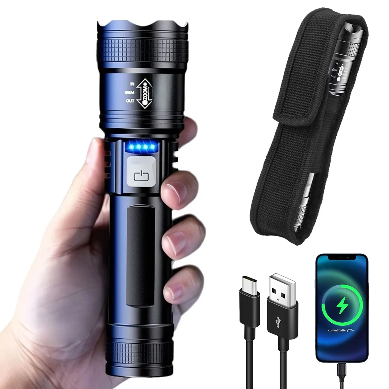 Portable Hight Power ABS Flashlights 3 Lighting Modes Built-in 18650 Battery Rechargeable Telescopic Zoom Torch With Power Bank