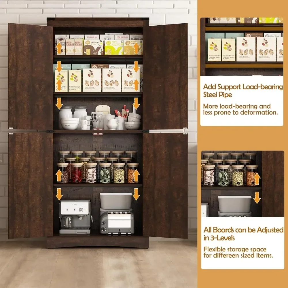 Farmhouse Storage Cabinet with Adjustable Shelves,Load-Bearing Steel Pipe,Farmhouse Pantry Cabinet with 4 Barn Doors,