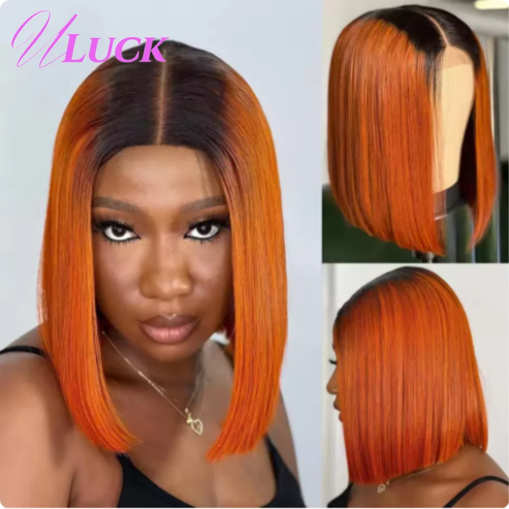 

Uluck Double Drawn Straight Short Bob Wig Ombre Ginger Orange 300% Density Human Hair Wigs 2x6 Lace Frontal Wigs For Black Women