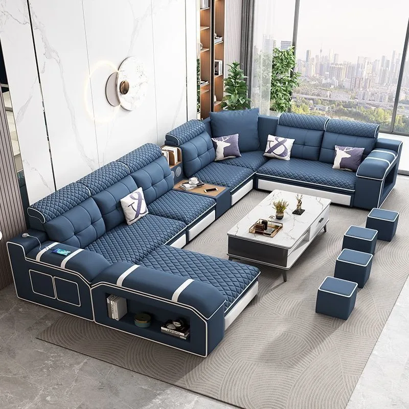Cat scratching leather technology cloth sofa living room simple size multi-functional fabric sofa u-shaped wood